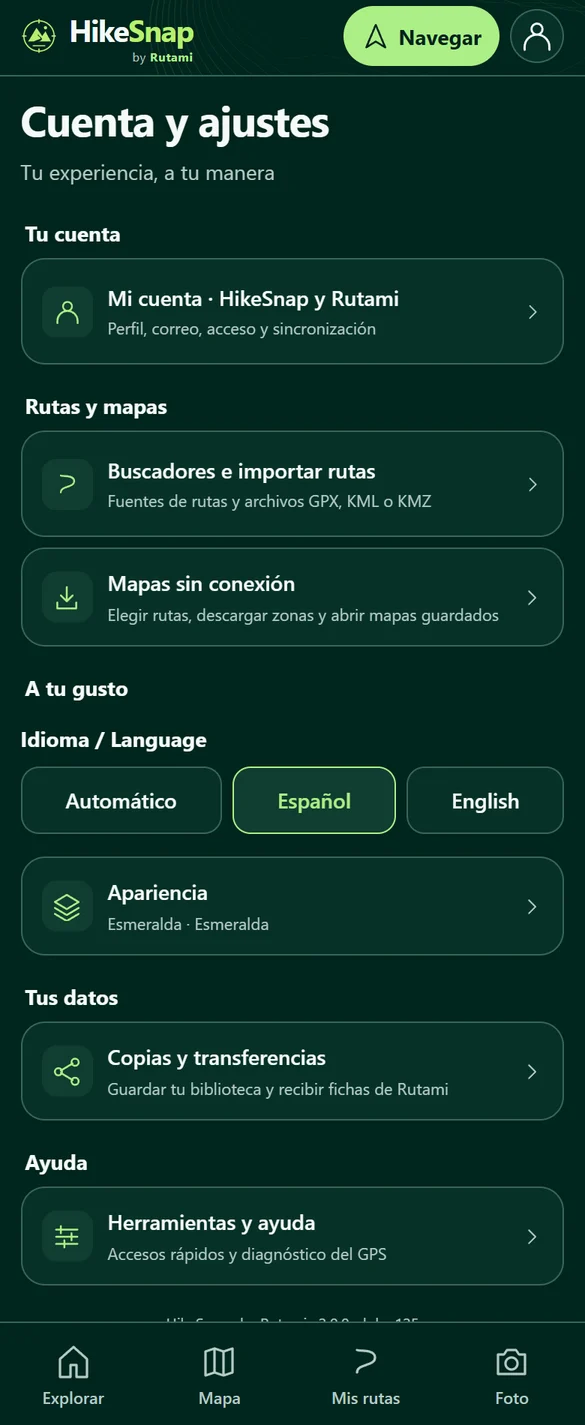 Interfaz de HikeSnap: Tus cambios, en tu cuenta