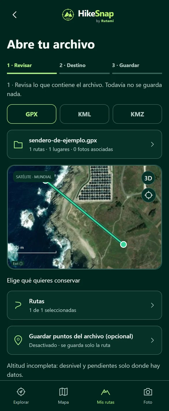Interfaz de HikeSnap: Importa GPX, KML y KMZ