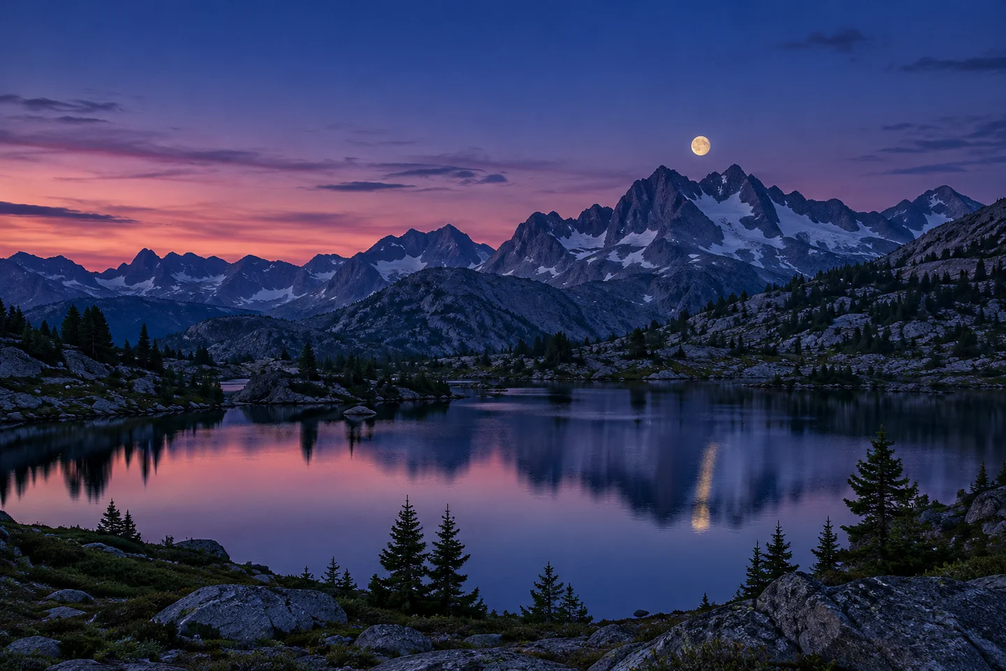 La Luna sobre una cresta alpina durante la hora azul