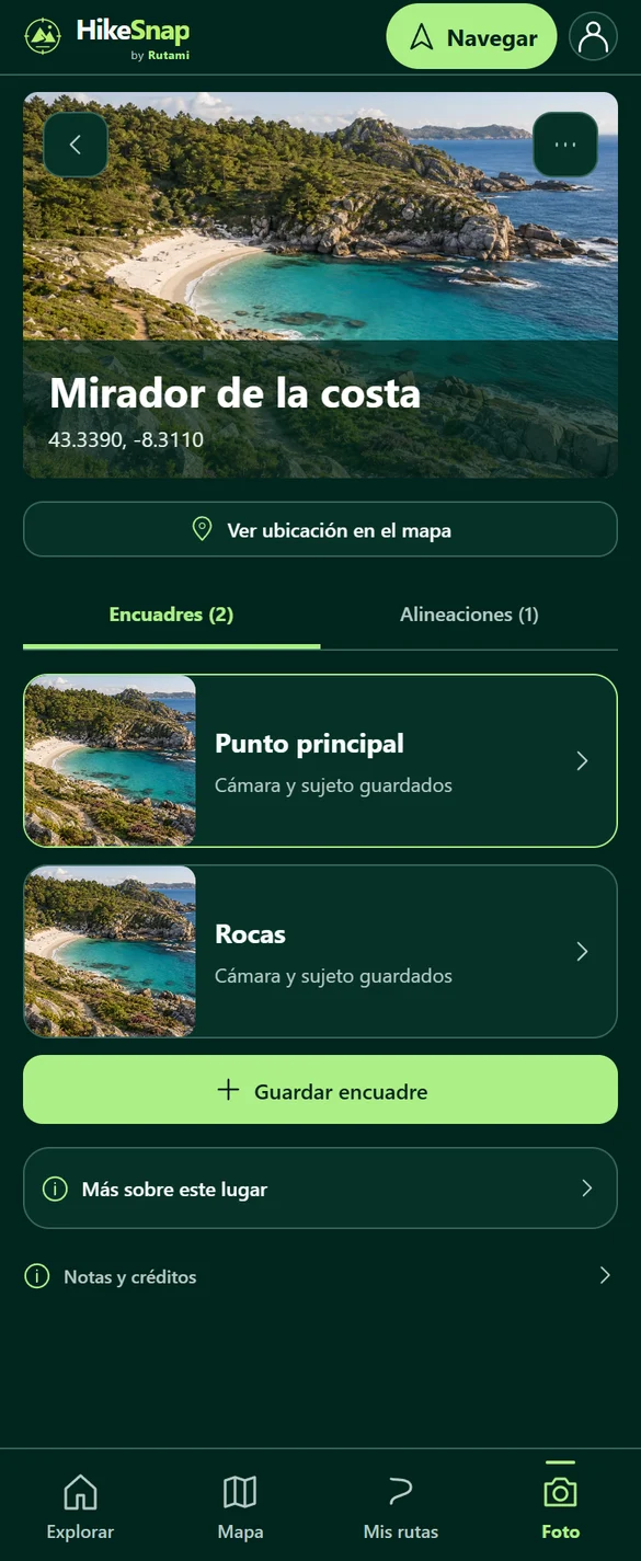Interfaz de HikeSnap: Guarda los lugares que te inspiran