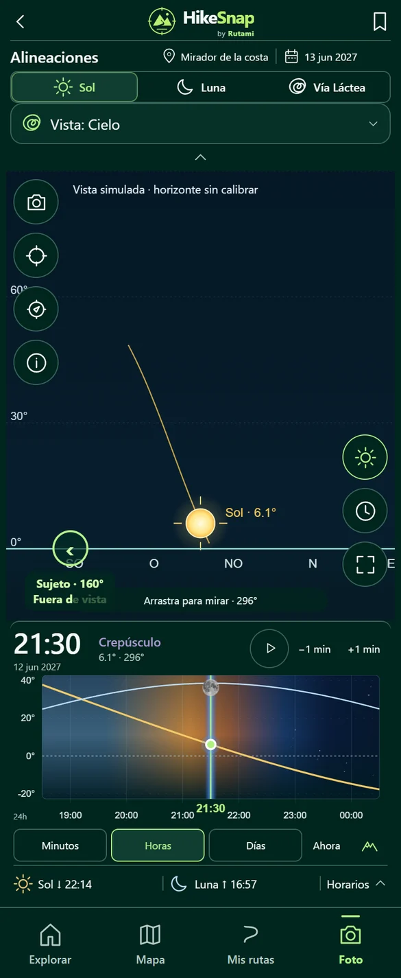 Interfaz de HikeSnap: Lee la luz y los horarios