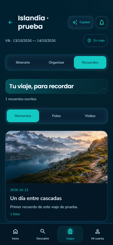 Pantalla de recuerdos de un viaje de prueba en Rutami, con fotos y momentos