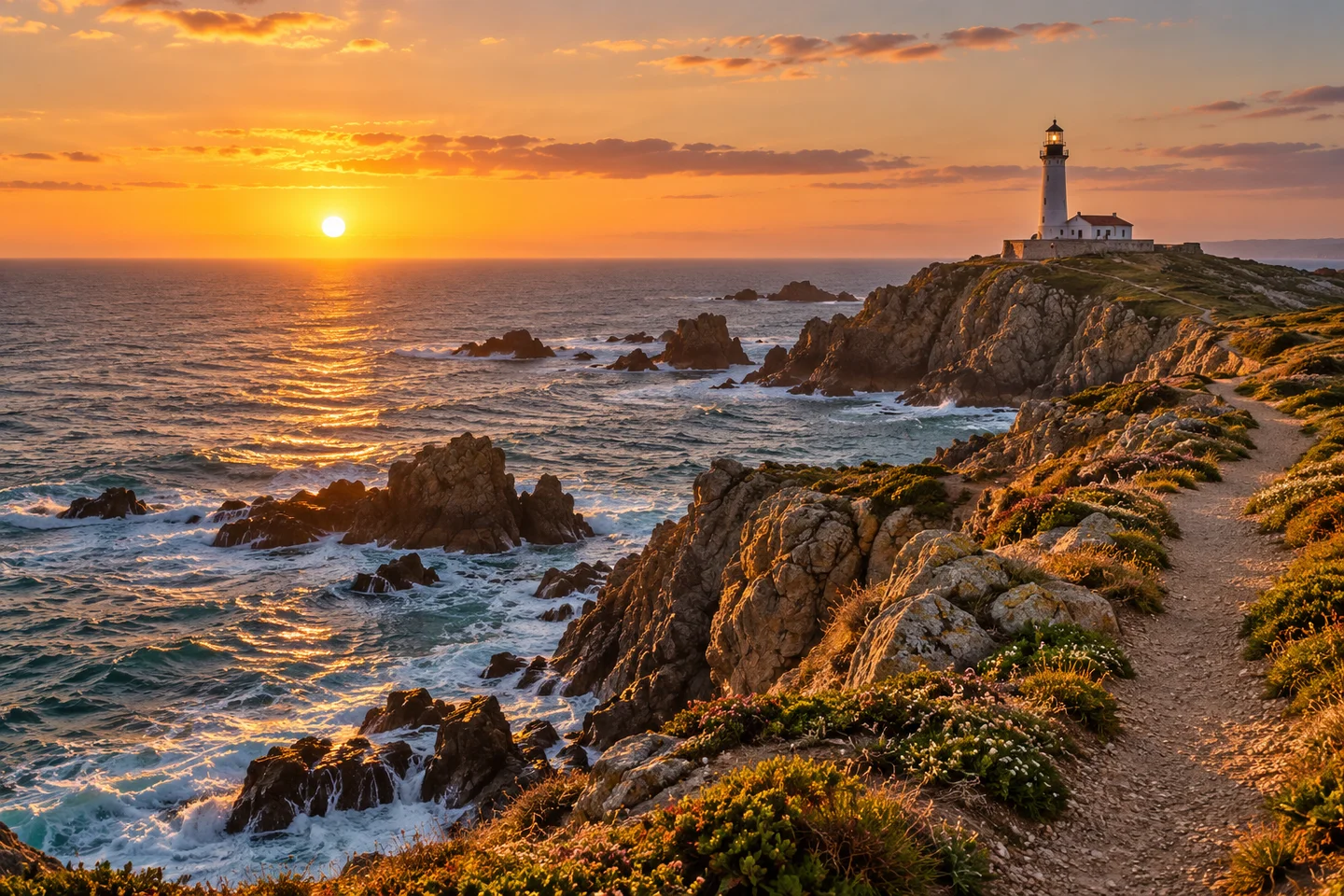 Luz de atardecer sobre un faro y un sendero costero